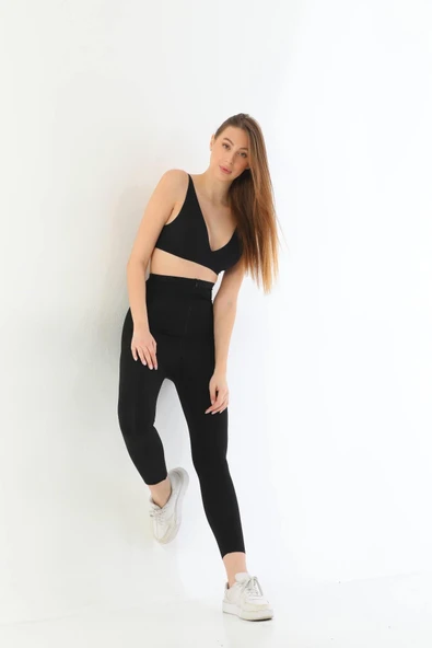 SİYAH MI 2711 Lazer Kesim Fermuarlı Uzun Tayt - Resim 9