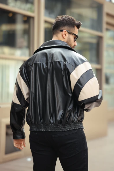 ERKEK BAHARLIK OVERSIZE KOL GARNİLİ DERİ CEKET - 5