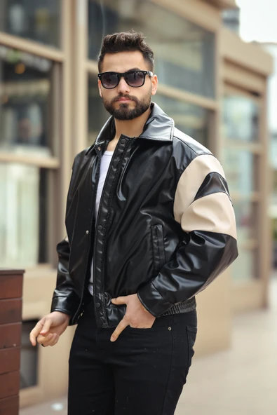 ERKEK BAHARLIK OVERSIZE KOL GARNİLİ DERİ CEKET - 2