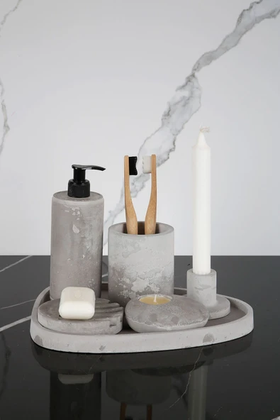 6 Parça Mermer Desenli Beton Banyo Seti Katı Ve Sıvı Sabunluk Mumluk Tütsülük Diş Fırçalığı