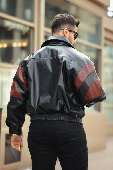ERKEK BAHARLIK OVERSIZE KOL GARNİLİ DERİ CEKET - 9
