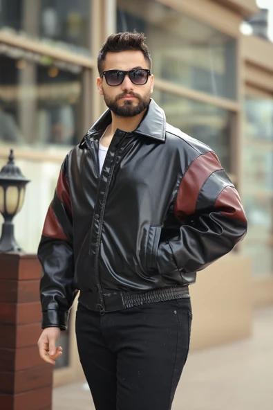 ERKEK BAHARLIK OVERSIZE KOL GARNİLİ DERİ CEKET - 7