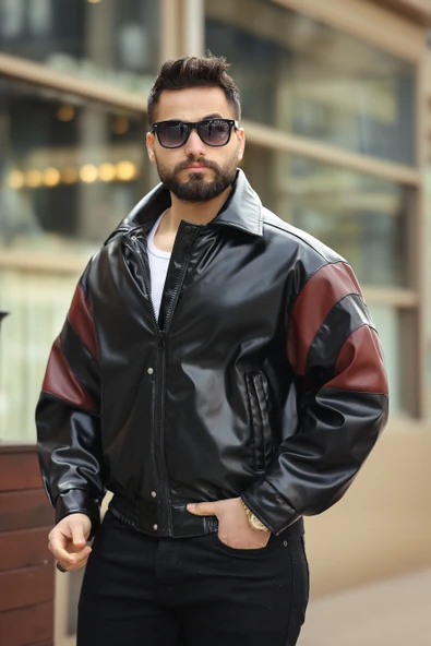 ERKEK BAHARLIK OVERSIZE KOL GARNİLİ DERİ CEKET - 8