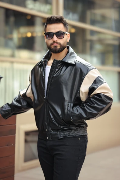 ERKEK BAHARLIK OVERSIZE KOL GARNİLİ DERİ CEKET - 3