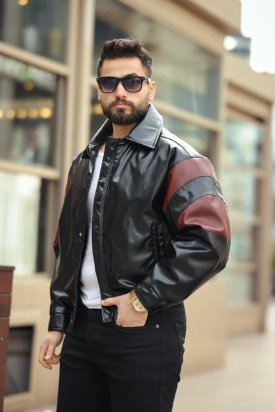 ERKEK BAHARLIK OVERSIZE KOL GARNİLİ DERİ CEKET - 6