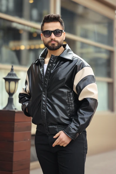 ERKEK BAHARLIK OVERSIZE KOL GARNİLİ DERİ CEKET - 4