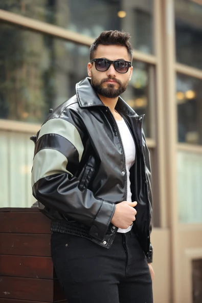 ERKEK BAHARLIK OVERSIZE KOL GARNİLİ DERİ CEKET - 11