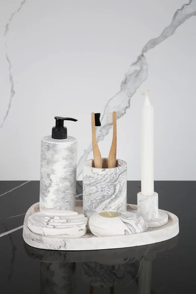 6 Parça Mermer Desenli Beton Banyo Seti Katı Ve Sıvı Sabunluk Mumluk Tütsülük Diş Fırçalığı