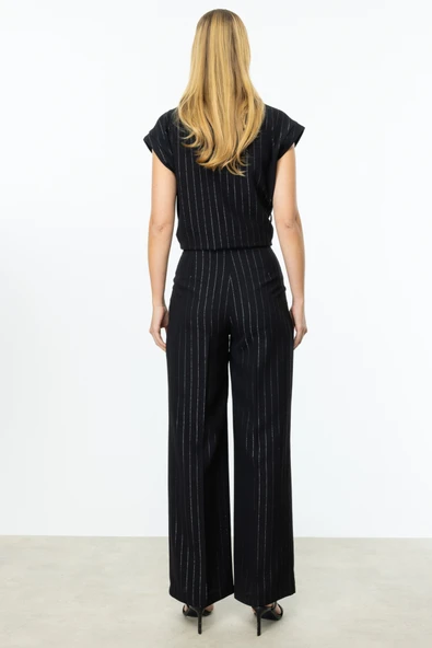 On Minimalist Çizgili Kemerli Midi Kadın Pantolon - Geniş Paça - 2