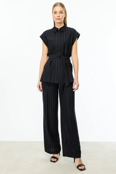 On Minimalist Çizgili Kemerli Midi Kadın Pantolon - Geniş Paça - 3