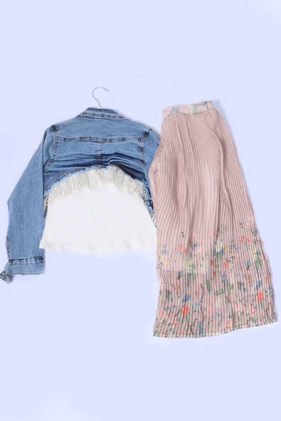 KIZ ÇOCUK 3 LÜ TAKIM KOT CEKETLİ TAŞ İŞLEMELİ FIRFIRLI A53 - 3