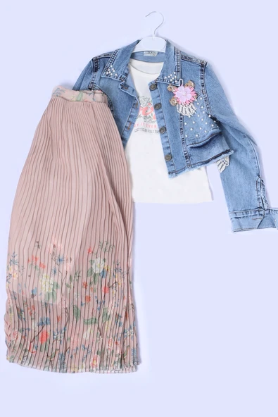 KIZ ÇOCUK 3 LÜ TAKIM KOT CEKETLİ TAŞ İŞLEMELİ FIRFIRLI A53 - 2