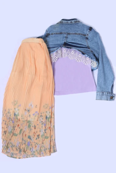 KIZ ÇOCUK 3 LÜ TAKIM KOT CEKETLİ TAŞ İŞLEMELİ FIRFIRLI A53 - 6