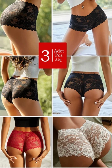 3'lü Paket Siyah Beyaz Kırmızı Dantel Tanga Şort Külot