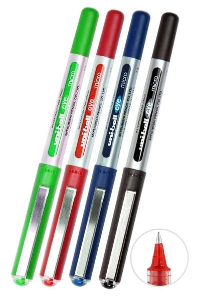 Mavi Siyah Kırmızı Yeşil Pilot Kalem 4 Adet Uniball Eye Mikro 0.5 mm Roller Pilot Kalem Ub150 Roller Uçlu Likit Mürekkep - 1