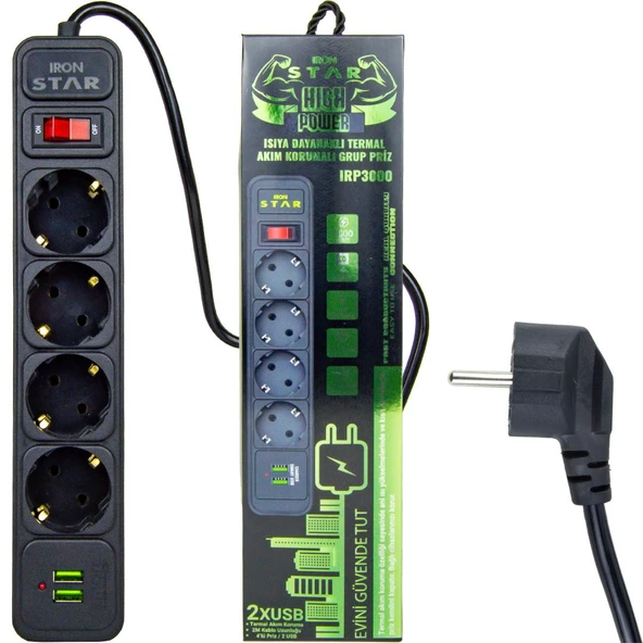İRONSTAR IRP3000 4LÜ 2MT 2XUSB PRİZ AKILLI AKIM KORUMALI ISIYA KARŞI DAYANIKLI TERMAL