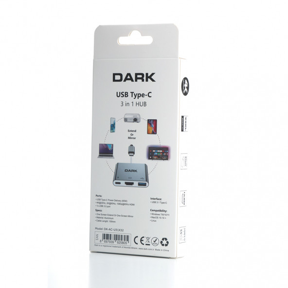 Dark 3in1 USB3.1 Type C Erkek - HDMI Dönüştürücü - 4K UHD/USB 3.1 Type C Şarj Dönüştürücü(DK-AC-U31X32) - 7