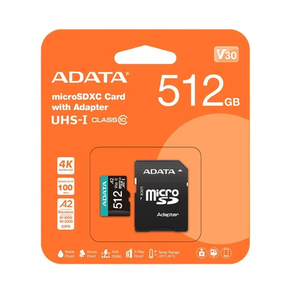 ADATA Premier Pro 512GB 100/85 MB/s UHS-I U3 Class10 V30S Adaptörlü MicroSDXC Hafiza Karti
