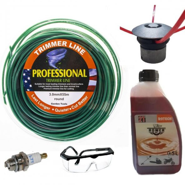 Motorlu Tırpan Aksesuar Set - 55 mt Misina-Ahtapot Başlık-Gözlük-Buji-0.5 lt 2T Yağ
