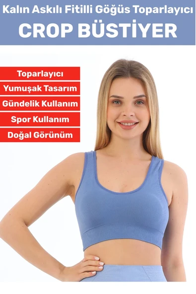 Göğüs Toparlayıcı Sarkma Önleyen Gündelik Spor Kullanım Şık Kalın Askılı Fitilli Crop Büstiyer