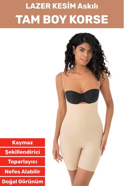 İz Göstermez Kaymaz Sıkılaştırıcı Toparlayıcı Vücut Şekillendirici LAZER KESİM Tam Boy Askılı Korse ürün görseli 1