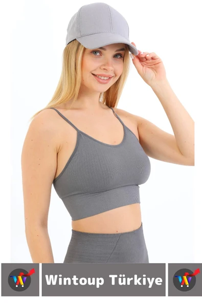 Göğüs Toparlayıcı Sarkma Önleyen Gündelik Spor Kullanım Şık İnce Askılı Pedli Çizgili Crop Büstiyer - 3