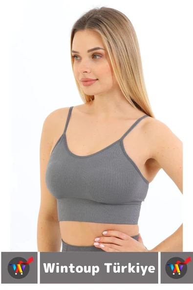 Göğüs Toparlayıcı Sarkma Önleyen Gündelik Spor Kullanım Şık İnce Askılı Pedli Çizgili Crop Büstiyer - 2