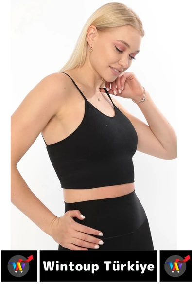 Göğüs Toparlayıcı Sarkma Önleyen Gündelik Spor Kullanım Şık İnce Askılı Pedli Çizgili Crop Büstiyer - 3