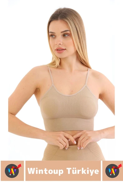 Göğüs Toparlayıcı Sarkma Önleyen Gündelik Spor Kullanım Şık İnce Askılı Pedli Çizgili Crop Büstiyer - 3