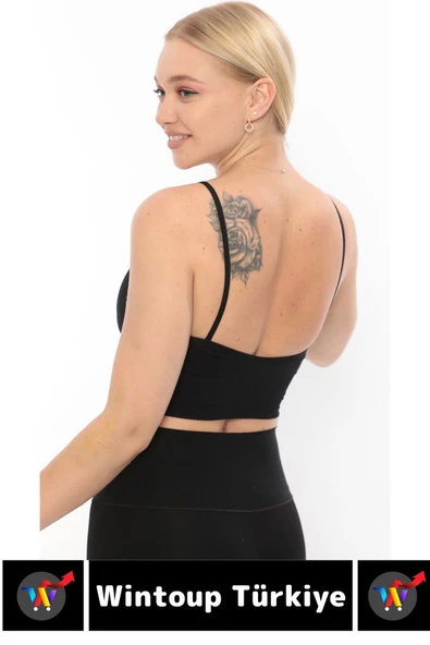 Göğüs Toparlayıcı Sarkma Önleyen Gündelik Spor Kullanım Şık İnce Askılı Pedli Çizgili Crop Büstiyer - 4