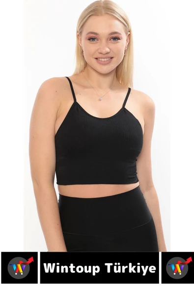 Göğüs Toparlayıcı Sarkma Önleyen Gündelik Spor Kullanım Şık İnce Askılı Pedli Çizgili Crop Büstiyer - 2