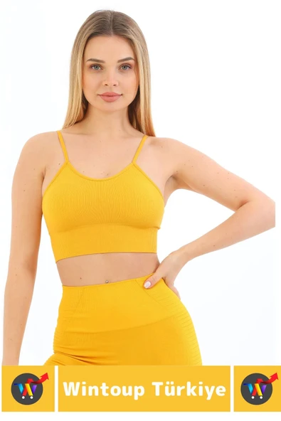 Göğüs Toparlayıcı Sarkma Önleyen Gündelik Spor Kullanım Şık İnce Askılı Pedli Çizgili Crop Büstiyer - 2