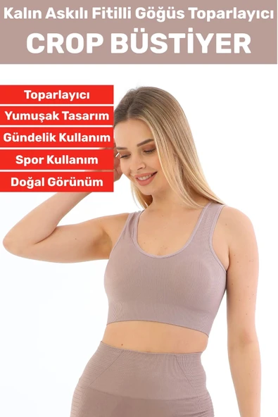 Göğüs Toparlayıcı Sarkma Önleyen Gündelik Spor Kullanım Şık Kalın Askılı Fitilli Crop Büstiyer
