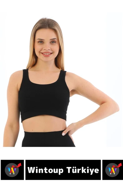Göğüs Toparlayıcı Sarkma Önleyen Gündelik Spor Kullanım Şık Kalın Askılı Çizgili Crop Büstiyer - 2