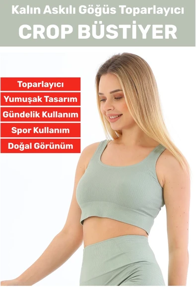 Göğüs Toparlayıcı Sarkma Önleyen Gündelik Spor Kullanım Şık Kalın Askılı Çizgili Crop Büstiyer
