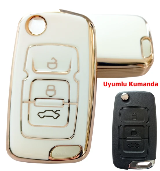 Geely Emgrand Uyumlu Nano Anahtar Kılıfı Kumanda Kılıfı Oto Anahtarlık Beyaz Gold ürün görseli 1