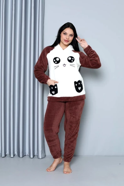 Nisanca Desenli Tam Peluş Kışlık Yılbaşı Kadın Pijama Takımı - 9