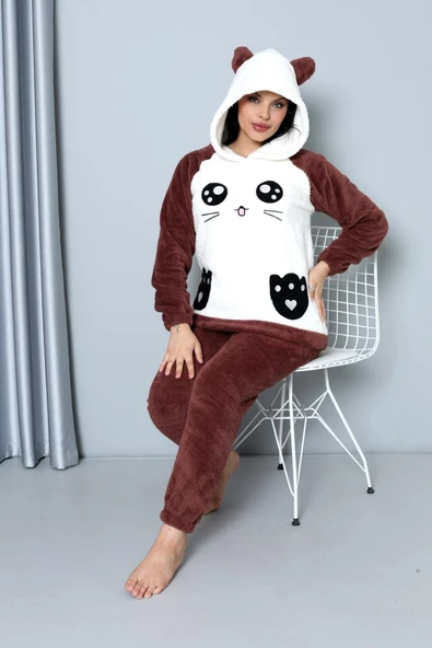Nisanca Desenli Tam Peluş Kışlık Yılbaşı Kadın Pijama Takımı - 12
