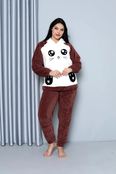 Nisanca Desenli Tam Peluş Kışlık Yılbaşı Kadın Pijama Takımı - 10