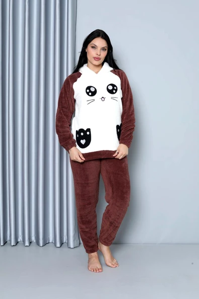Nisanca Desenli Tam Peluş Kışlık Yılbaşı Kadın Pijama Takımı - 11