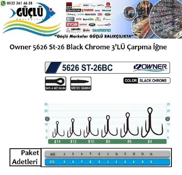 Rapala İğnesi Owner 5626 St-26 Black Chrome 3’Lü İğne No:8 - 3