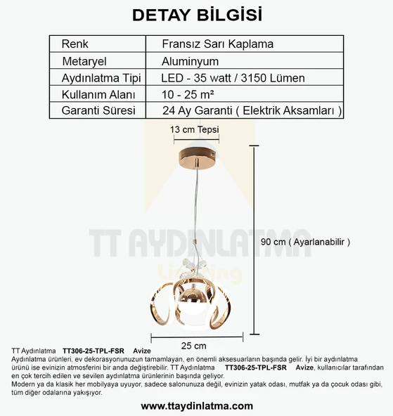 TT Aydınlatma TT306-25-TPL-FSR  Kavis 25 lik Fransız Sarı Kaplama Tek Toplu 3 Renk Modüllü Ledli Aviz - 4