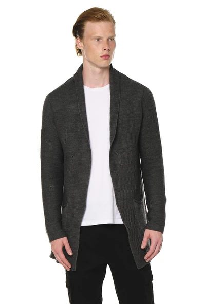 Erkek Yırtık Detaylı Cepli Triko Uzun Salaş Spor Hırka - 11