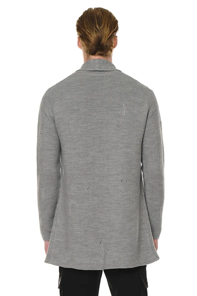 Erkek Yırtık Detaylı Cepli Triko Uzun Salaş Spor Hırka - 7