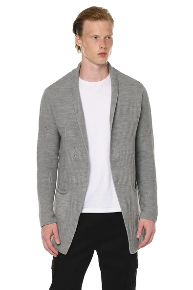 Erkek Yırtık Detaylı Cepli Triko Uzun Salaş Spor Hırka - 5