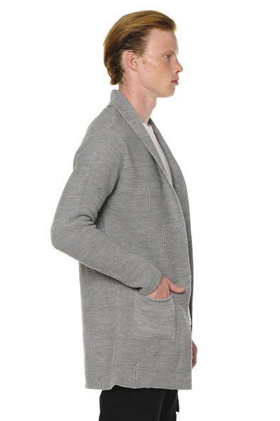 Erkek Yırtık Detaylı Cepli Triko Uzun Salaş Spor Hırka - 6