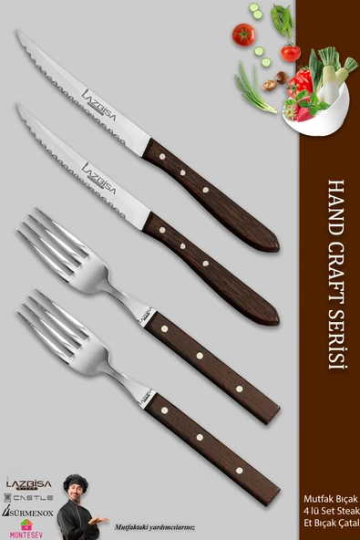 LAZBİSA Hand Caft Serisi Steak Et Yemek Kahvaltı Çatalı 4 Lü Set Mutfak Bıçak Seti ( Mtf-063 )