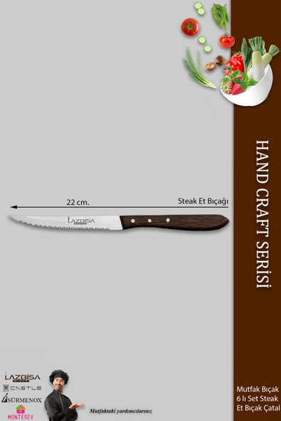 LAZBİSA Hand Craft Serisi Setak Et Bıçağı 6 Lı Mutfak Bıçak Restoran Et Steak Bıçak ( Mtf-058 ) - 2
