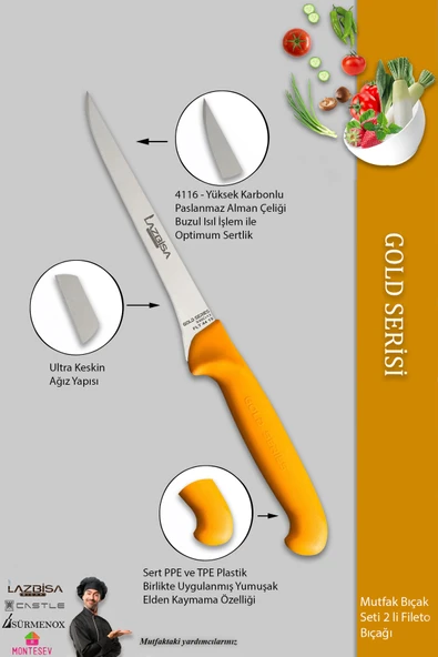LAZBİSA Gold Incisive Serisi Balık Fileto Bıçağı Et Steak Bıçak Mutfak Bıçak ( Mtf-057 ) - 3