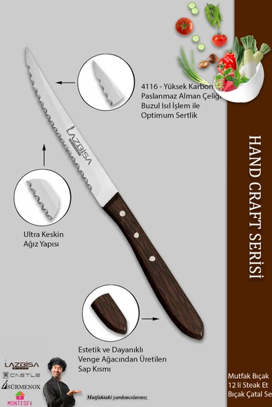 LAZBİSA Hand Craft Serisi Steak Et Yemek Kahvaltı Bıçağı Çatalı 12 Li Set Mutfak Bıçak Seti ( Mtf-061 ) - 3